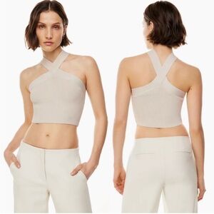 Aritzia Babaton Sculpt Knit Criss Cross Halter Cropped Tank Top in Cream Size XS